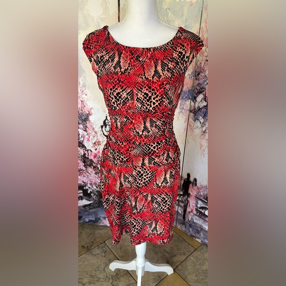 Bisou Bisou - Red and Black Snake Print Ruched Bodycon Dress. Size 10.